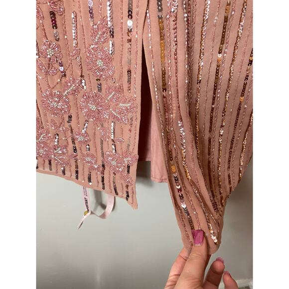 NWT MAC DUGGAL DRESS 4 PINK FLORAL BEADED SEQUIN EMBELLISHED STRIPED MIDI ROSE - Picture 16 of 16